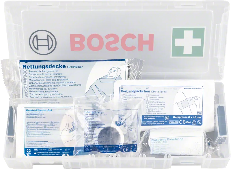 Trousse de premiers secours Bosch L-Boxx Micro ouverte avec fournitures médicales.