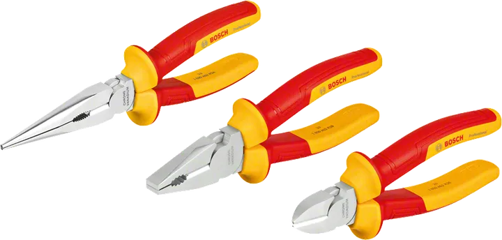 Jeu de pinces Bosch VDE 3 pièces, poignées isolées pour plus de sécurité.