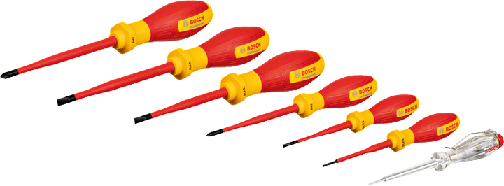 Jeu de tournevis Bosch VDE SL/PH 7 pièces avec poignées isolées.
