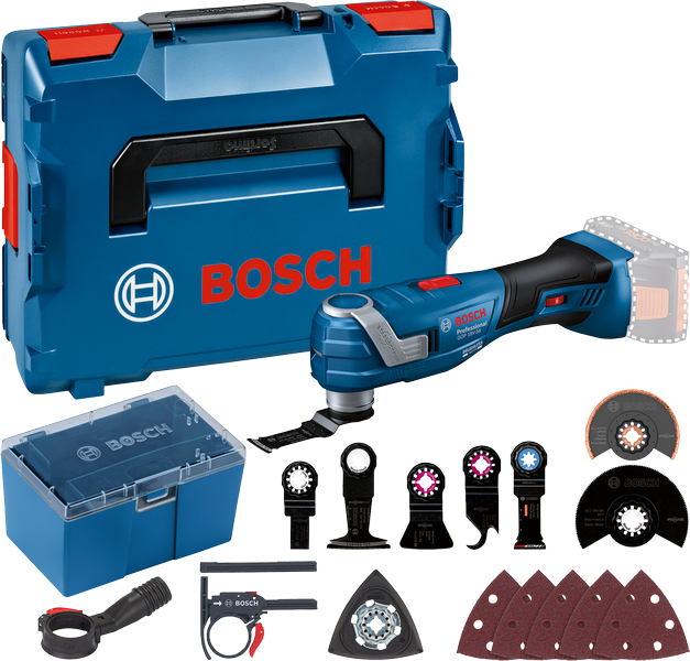 Kit multi-outils Bosch GOP 18V-34 avec accessoires et mallette.