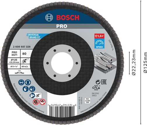 Disque à lamelles Bosch PRO X571 125 mm G80 pour le meulage du métal.
