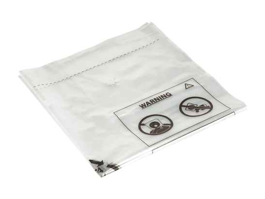 Sac d'élimination Bosch pour la collecte de la poussière avec avertissement de sécurité.