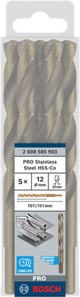 Jeu de forets hélicoïdaux Bosch PRO en acier inoxydable HSS-Co de 12 mm.