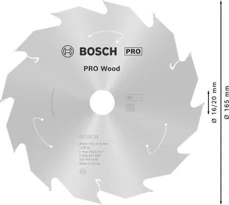 Lame de scie circulaire Bosch PRO Wood 165 mm, 12 dents.