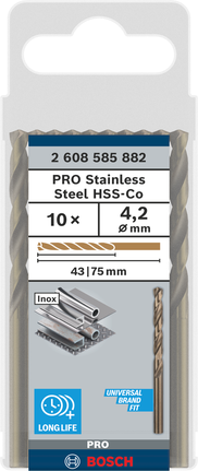Pack de forets hélicoïdaux Bosch PRO en acier inoxydable HSS-Co de 4,2 mm.