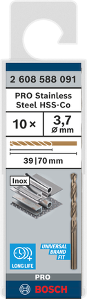 Foret hélicoïdal Bosch PRO en acier inoxydable HSS-Co 3,7 mm, paquet de 10.