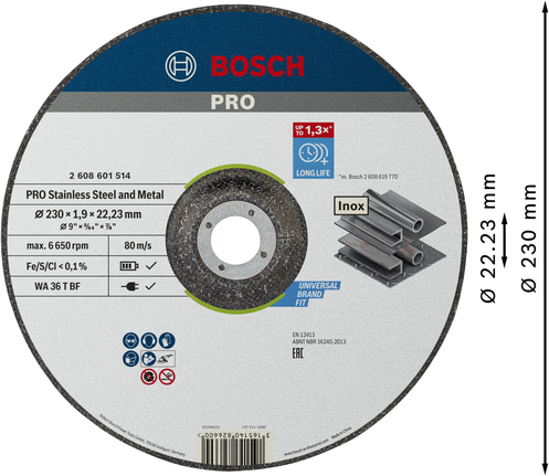 Disque à tronçonner Bosch PRO pour acier inoxydable et métal 230 mm.