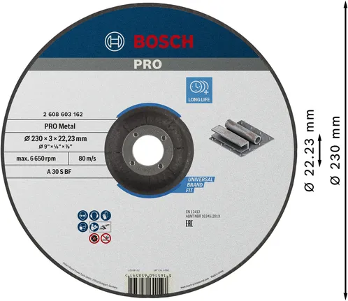 Disque à tronçonner à liant métallique Bosch PRO 230 x 3 mm pour métal.