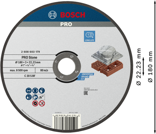 Disque à tronçonner Bosch PRO Stone Bonded 180x3x22,23mm.