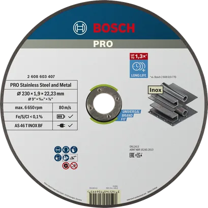 Disque à tronçonner Bosch PRO pour acier inoxydable et métal 230 mm.