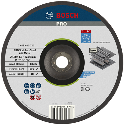 Disque à tronçonner Bosch PRO pour acier inoxydable et métal 180 mm.