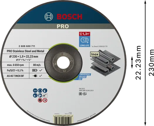 Disque à tronçonner Bosch PRO pour acier inoxydable et métal, 230 mm.
