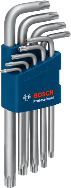 Jeu de clés Allen Torx Bosch avec neuf pièces dans un support.