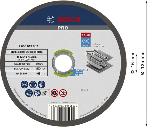 Disque à tronçonner Bosch PRO pour acier inoxydable et métal 125x1x16 mm.