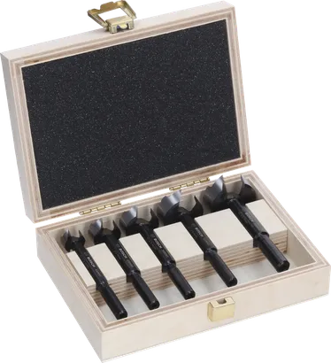 Coffret de 5 forets Forstner Bosch EXPERT Wood dans un coffret.