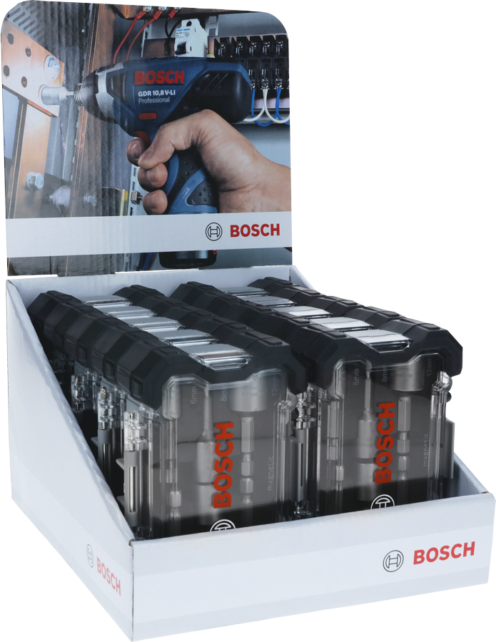 Jeu de 6 douilles Bosch 6–13 mm en boîte de présentation.