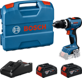 Ensemble de perceuse-visseuse sans fil Bosch GSB 18V-65 avec coffret et batteries.
