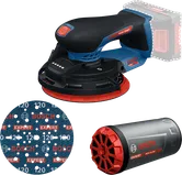 Ponceuse Bosch EXEX18V-150-5 avec disque de ponçage et filtre HEPA.