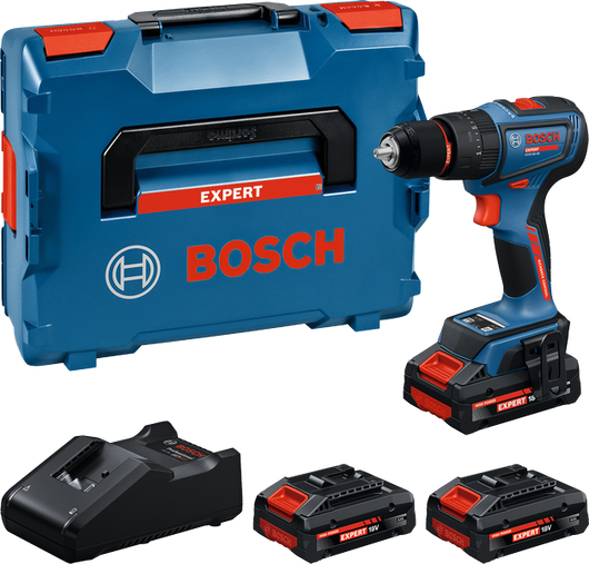 Ensemble de perceuse sans fil Bosch EXSB18V-90 avec coffret et batteries.