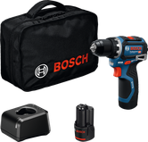 Coffret de perceuse Bosch GSR 12V-32 avec batterie et chargeur.