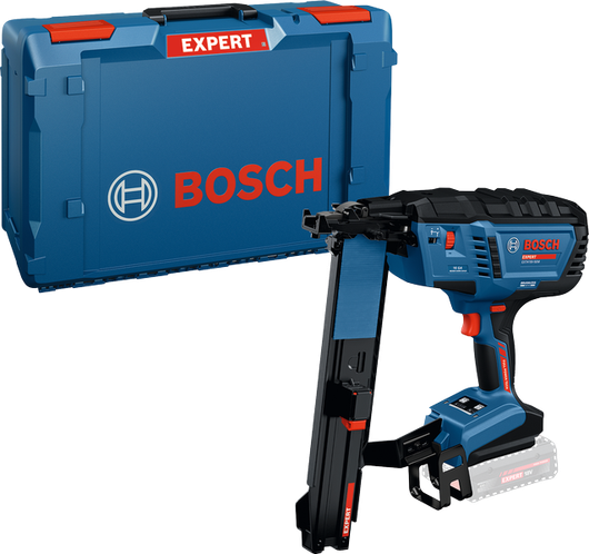 Cloueuse sans fil Bosch EXTH18V-50M avec mallette de transport.
