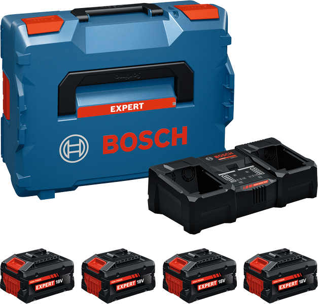 Coffret de démarrage Bosch avec mallette L-BOXX, chargeur et quatre batteries 18V.
