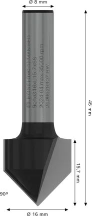 Fraise à défoncer Bosch PRO V-Groove 90°, diamètre 16 mm.