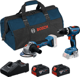 Coffret d'outils Bosch GSB 18V-65 et GWS 18V-8 avec batteries.
