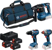 Coffret d'outils Bosch 18V 3 avec perceuse, visseuse à percussion et marteau perforateur.