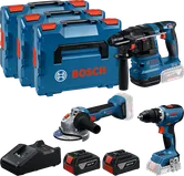 Ensemble d'outils Bosch 18 V 3 en 1 avec perceuse, meuleuse et marteau.