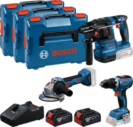 Ensemble d'outils Bosch 18 V 3 en 1 avec perceuse, meuleuse et marteau.