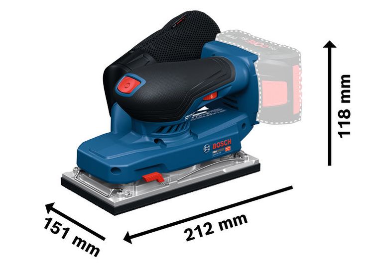 Ponceuse orbitale Bosch GSS18V-18 avec dimensions indiquées.