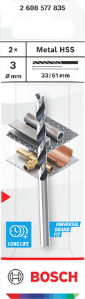 Foret hélicoïdal Bosch Metal HSS 3 mm, 2 pièces.