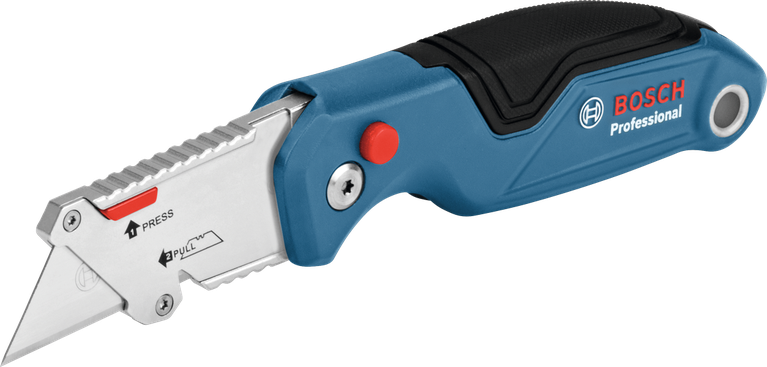 Couteau utilitaire avec un manche bleu et une lame rétractable posée sur un fond blanc.