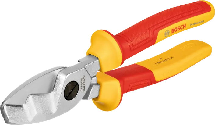 Cisaille à câble Bosch VDE avec poignées isolées rouge et jaune.