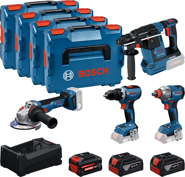 Kit combiné Bosch 18V 4 outils avec coffrets et batteries.