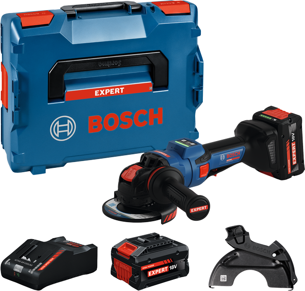 Ensemble de meuleuse d'angle sans fil Bosch avec coffret et accessoires.