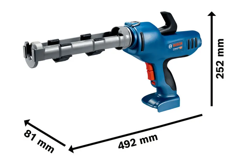 Pistolet à calfeutrer sans fil Bosch GCG 18V-310 avec dimensions.