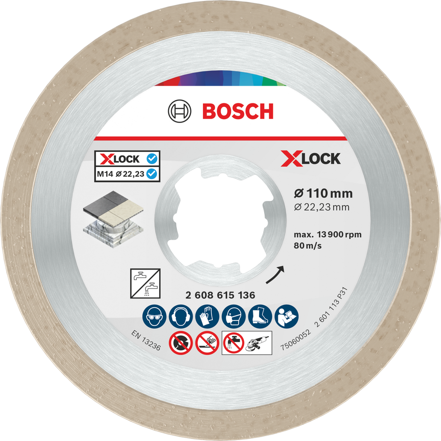 Disque de coupe céramique Bosch 110 mm X-Lock pour carrelage.
