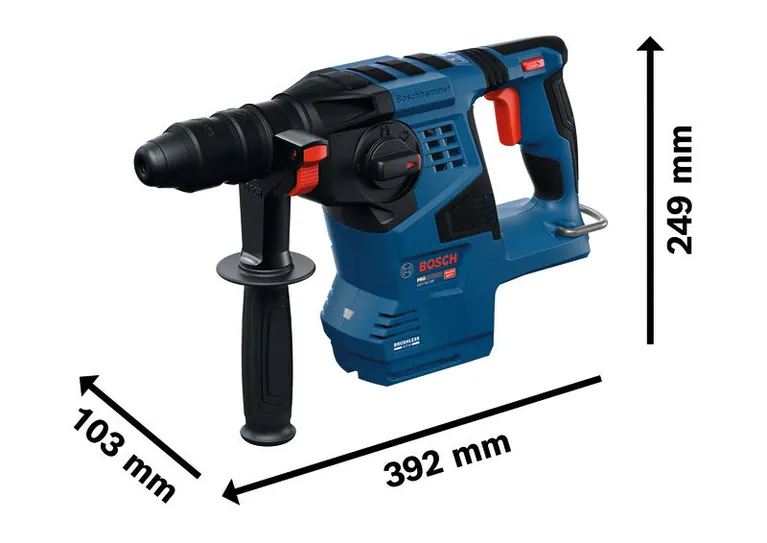 Marteau perforateur Bosch GBH18V-28F avec SDS plus, présenté avec ses dimensions.