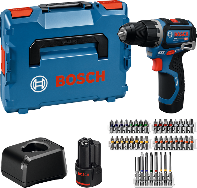 Ensemble perceuse sans fil Bosch GSB 12V-32 avec coffret et accessoires.