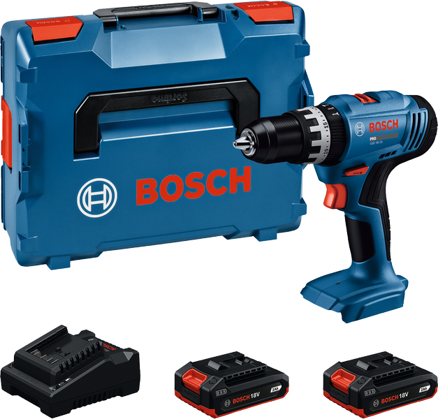 Ensemble perceuse sans fil Bosch GSB 18V-25 avec coffret et batteries.