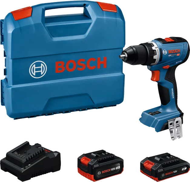 Ensemble perceuse sans fil Bosch GSR 18V-65 avec deux batteries.
