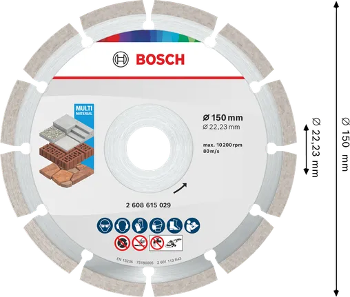 Disque de découpe diamanté multi-matériaux Bosch 150 mm pour divers matériaux de construction.