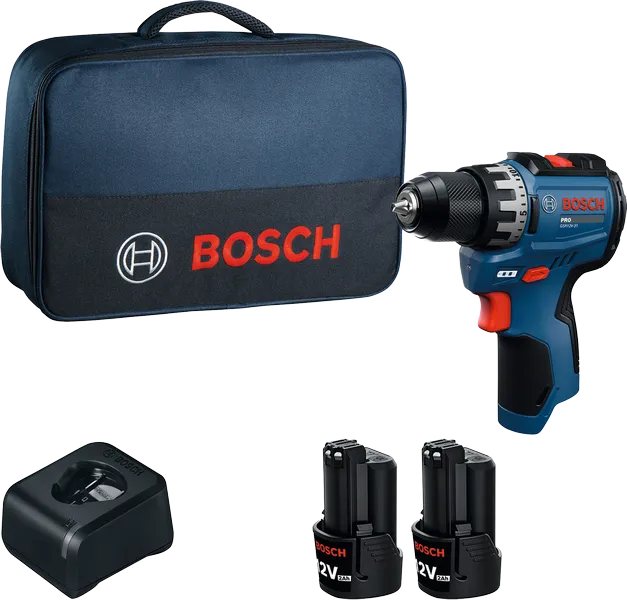 Kit perceuse Bosch GSR12V-30 avec coffret, chargeur et batteries.
