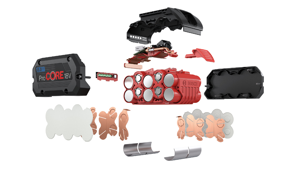 Composants d'une batterie Bosch ProCORE 18V, avec éléments rouges et noirs, disposés clairement.