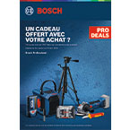 Un flyer publicitaire montre divers outils Bosch, y compris une perceuse, un trépied et des accessoires. L'arrière-plan est bleu, le texte met en avant des offres.