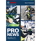 Une couverture de Bosch Professional montre quatre images : des outils en action, y compris une perceuse sans fil et un foret. Des personnes portent des vêtements de protection. L'arrière-plan est un environnement de chantier avec du bois et des machines. L'ambiance est active et professionnelle.