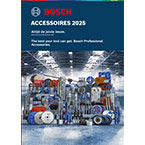Brochure Bosch Professional met diverse accessoires op de achtergrond, heldere kleuren en een nette presentatie.
