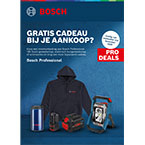 Bosch Professional gereedschap, een zwarte hoodie, een vloerlamp en een rode batterij.